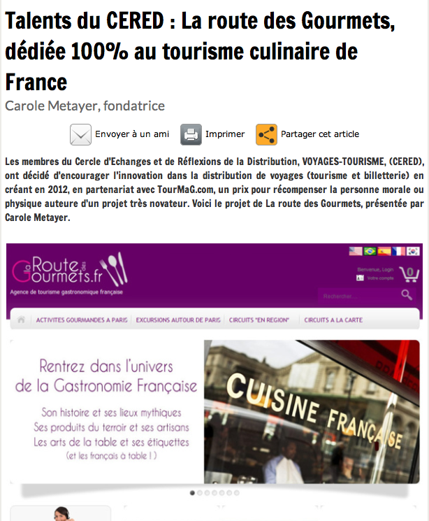 Tourmag: Article "talents du CERED: la route des gourmets dédiée 100% au tourisme culinaire de France