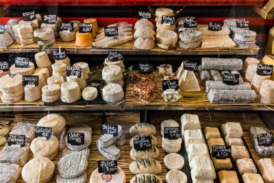 Selection of French cheeses in Paris
